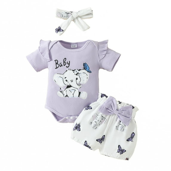 Infant Girl's Outfits Short Sleeved Cartoon Ruffle Bodysuit Shorts With Headband 3Pc Set