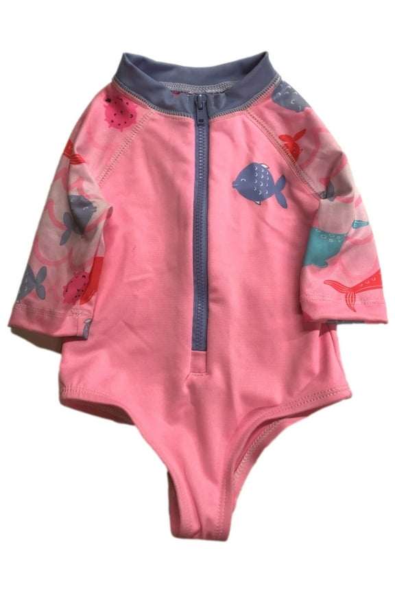 Infant Girls 1pc Pink Fish Themed Long Sleeved Rash Guard Swim Suit 9m