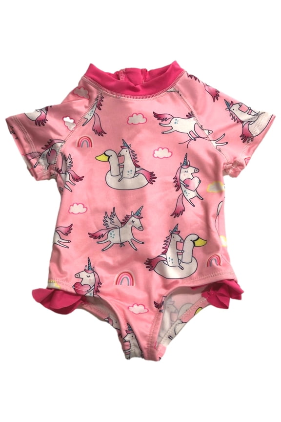 Infant Girls 1pc Pink Unicorn Balloon & Rainbow Rash Guard Swim Suit 9m