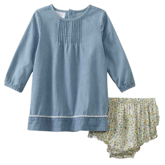 Infant Girls 2 PC Baby Outfit Blue Chambray Dress & Flower Panty Set