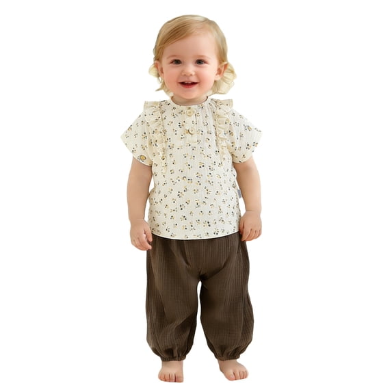 Infant Girls 2-Piece Summer Outfit Set Cute Printed Ruffled Short Sleeved Top and Soft Pants Kids Clothes Size 9-12 Months