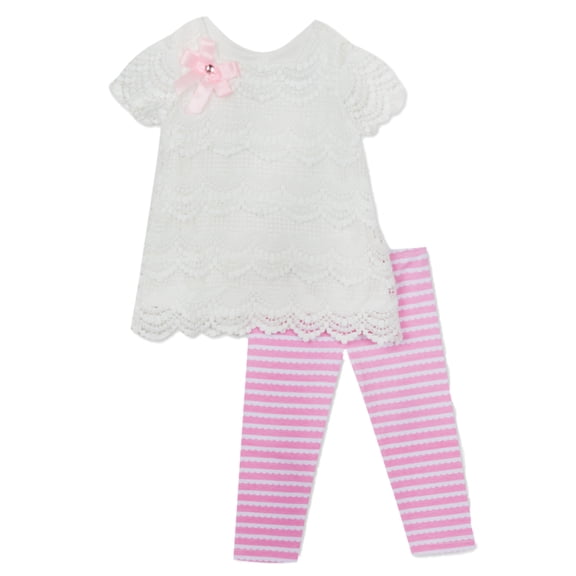 Infant Girls 2 Piece White Lace Shirt & Pink Striped Legging Outfit 12m