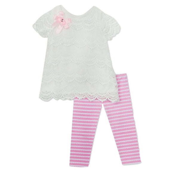 Infant Girls 2 Piece White Lace Shirt & Pink Striped Legging Outfit 3-6m