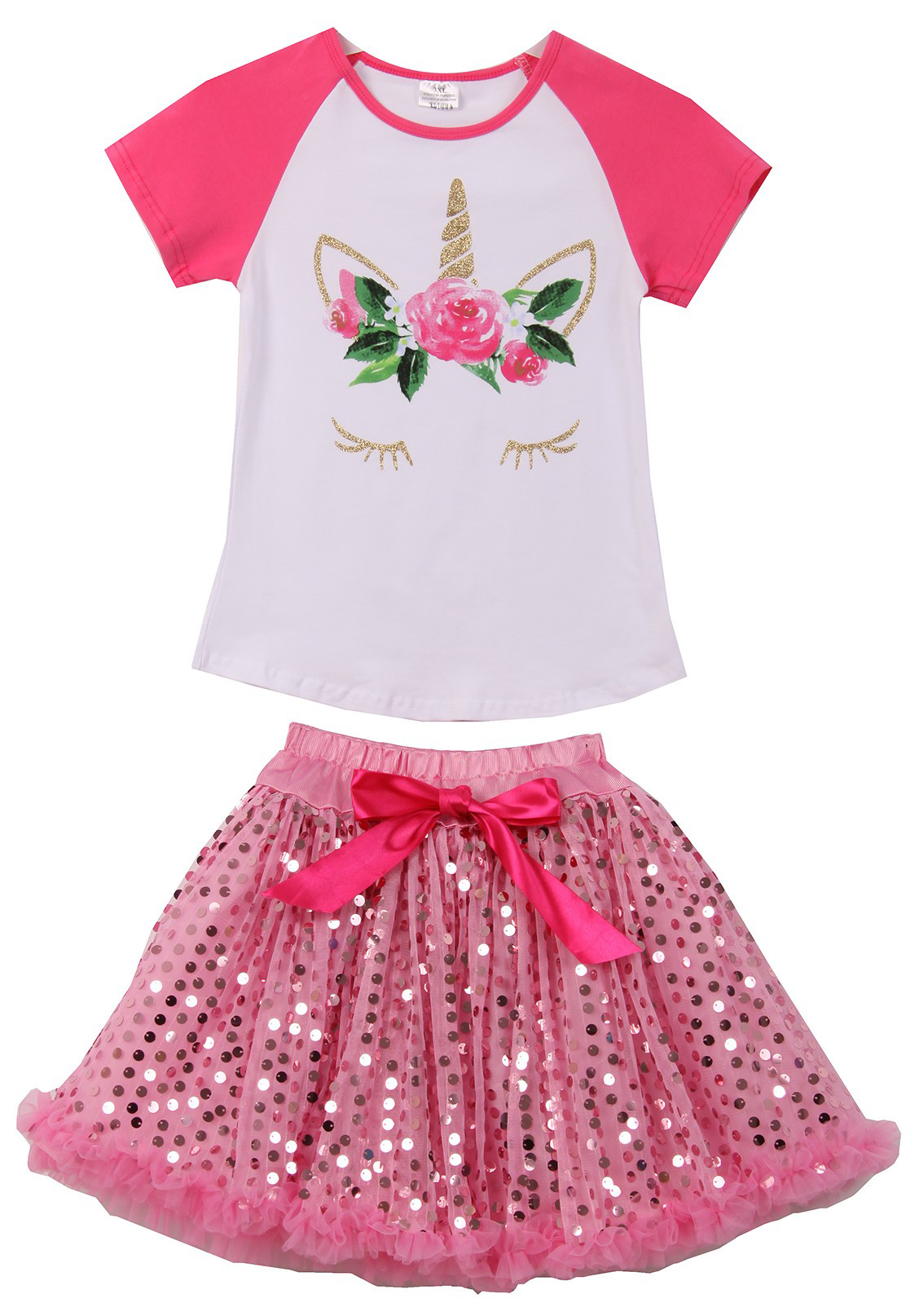 Girls 2-Piece Unicorn Skirt Set - Floral Glitter Top & Colorful Tutu Skirt, Sizes 2T-8, 97% Cotton