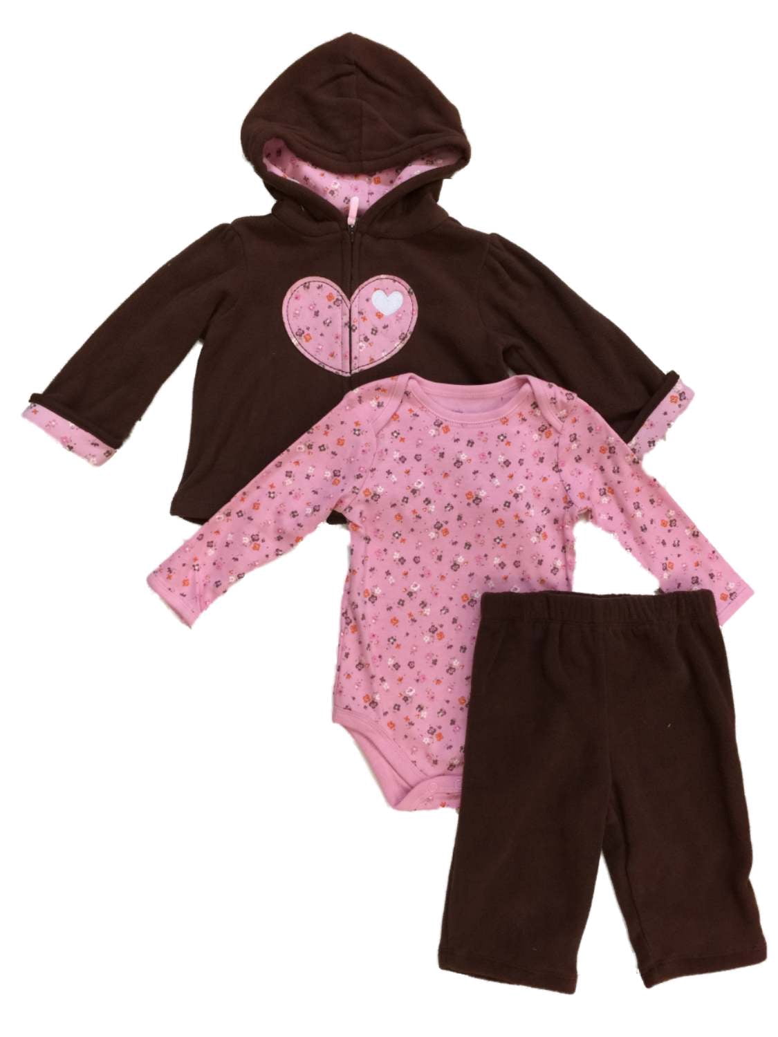 Infant Girls 3 Piece Brown Pink Heart Hoodie Leggings Shirt