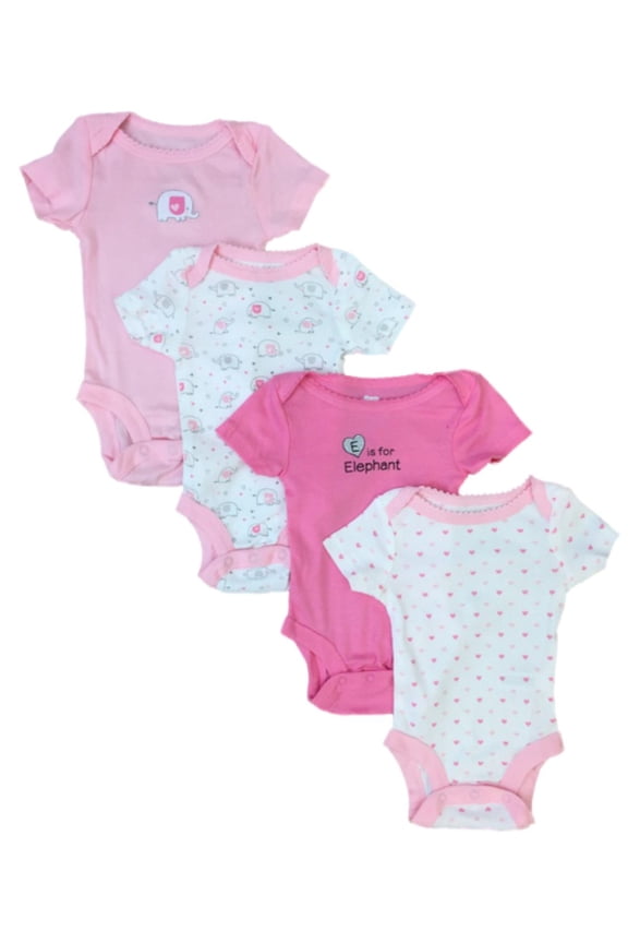 Infant Girls 4PC Pink Elephant Bodysuits Baby Outfit Creepers Set 0-3m