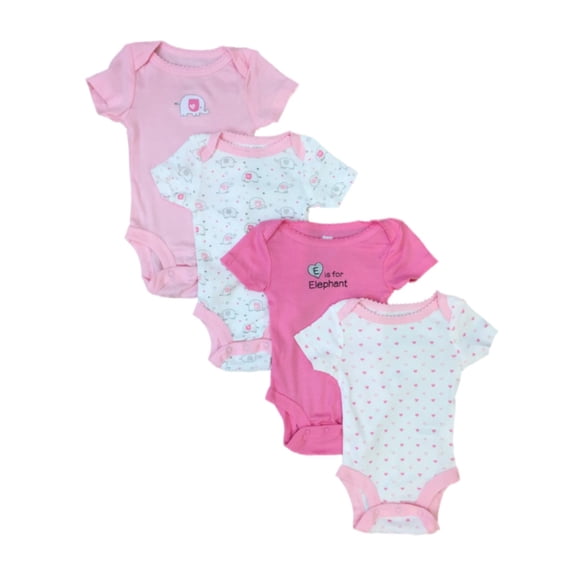 Infant Girls 4PC Pink Elephant Bodysuits Baby Outfit Creepers Set Newborn