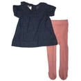 thumbnail image 1 of Infant Girls Baby Jean Denim Peter Pan Collar Dress With Pink Knit Tights 3-6M, 1 of 1