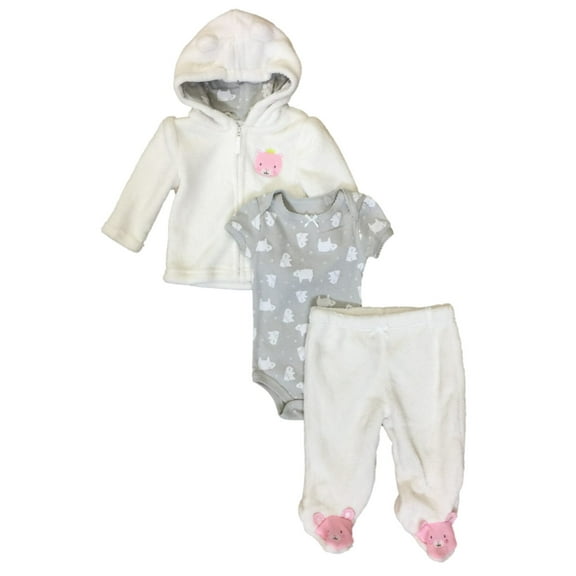 Infant Girls Baby Outfit Plush Ivory Princess Bear Hoodie Bodysuit & Pants 3-6m