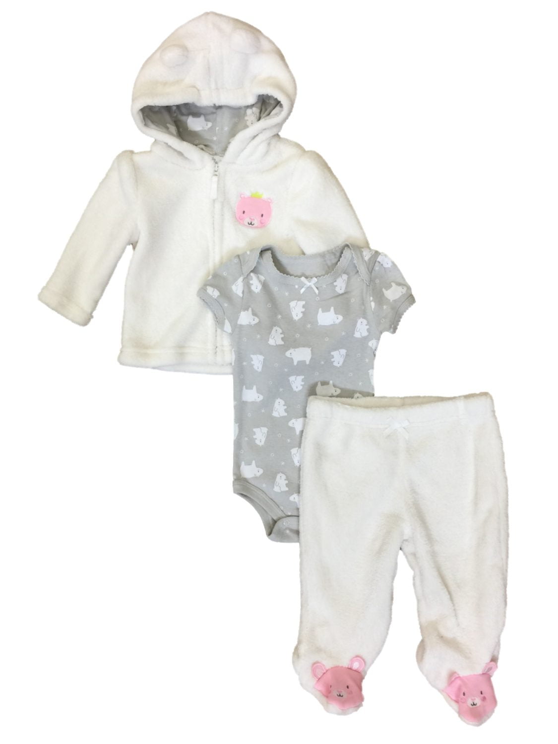 Infant Girls Baby Outfit Plush Ivory Princess Bear Hoodie Bodysuit & Pants 6-9m