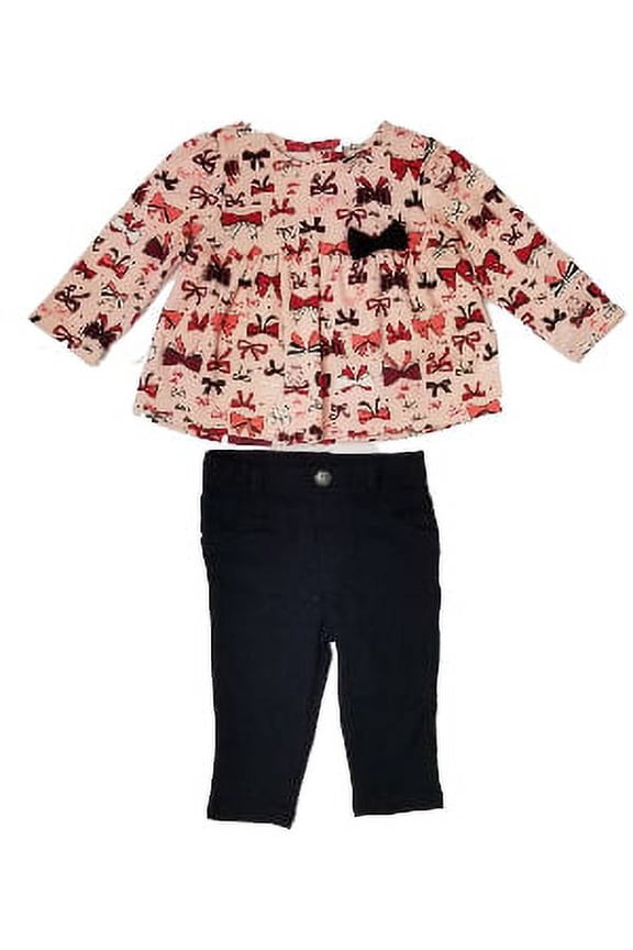 Infant Girls Baby Pink Red Bow Top Shirt & Black Legging Pants Outfit 3-6M