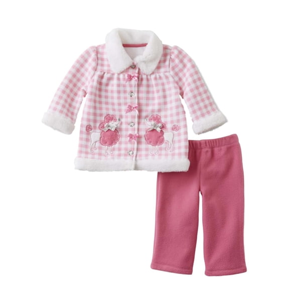 Infant Girls Baby Poodle Outfit Pink Check Fleece Jacket Shirt & Pants Set NB