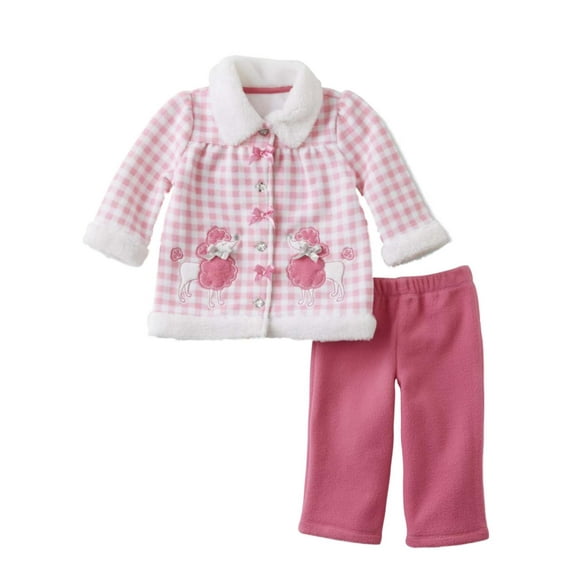 Infant Girls Baby Poodle Outfit Pink Check Fleece Jacket Shirt & Pants Set NB