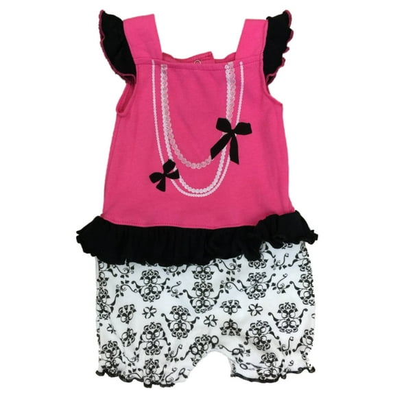 Infant Girls Baby Romper Pink & Black Pearls & Ribbons Bodysuit Creeper 3-6m
