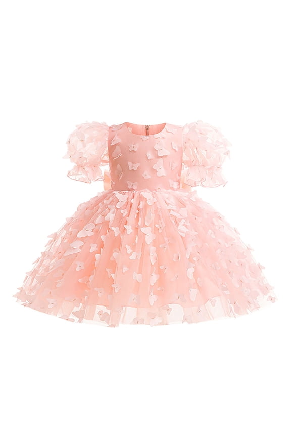 Infant Girls Birthday Dress Child Puff Sleeves Tulle Butterfly Pattern Bow Knot Princess Gown Formal Dress Size 6-12 Months