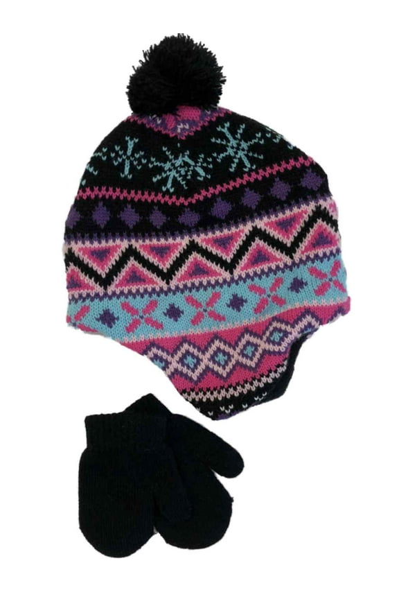 Infant Girls Black Nordic Print Knit Baby Pom Beanie & Mittens Trapper Hat Set