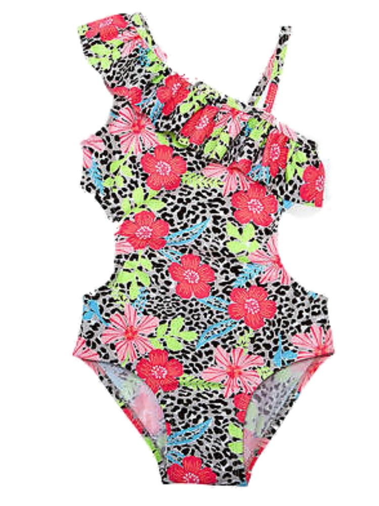 Infant Girls Black & Pink Ruffle Assymetrical 1pc Monokini