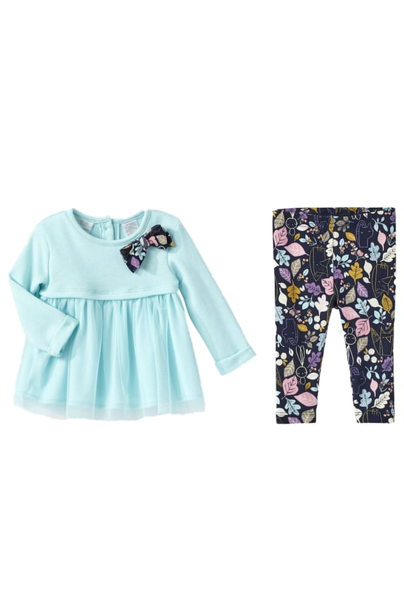 Infant Girls Blue Bow & Leaf Baby Outfit Shirt & Leggings Set Newborn
