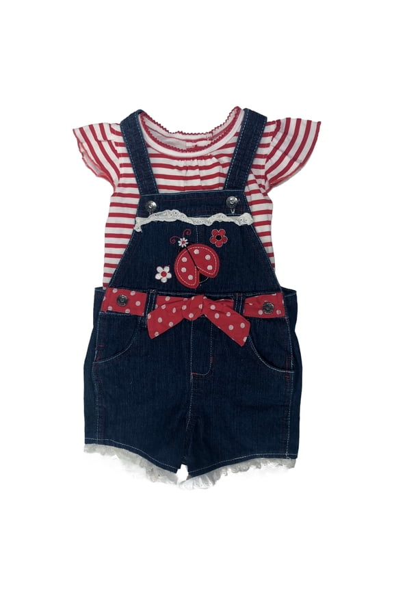 Infant Girls Blue Denim Ladybug Baby Outfit Shirt & Shorts Overalls Set 2T