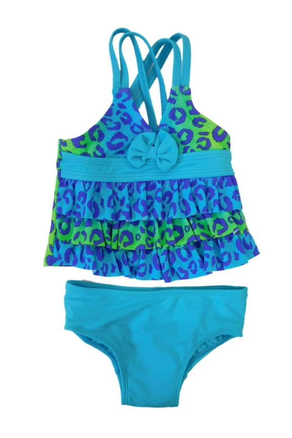 Infant Girls Blue Leopard Print Baby Bikini Ruffle 2pc Tankini Swim Suit 12m