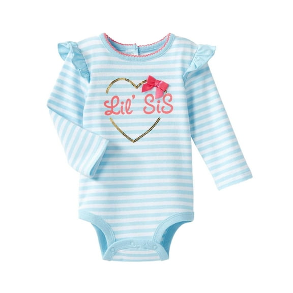 Infant Girls Blue Stripe Lis Sis Sequin Heart Bodysuit Sister Creeper Shirt