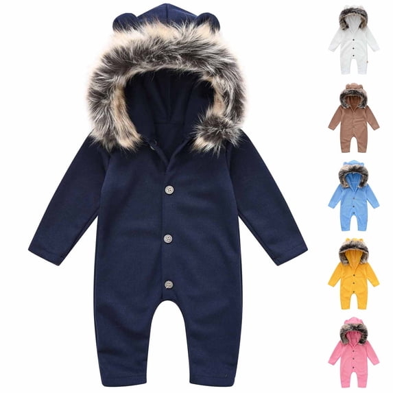Infant Girls Boys Winter Warm Hooded Jumpsuit Snowsuit Solid Vintage Bear Ear Button Bodysuit Toddler Baby Romper Jumpsuit