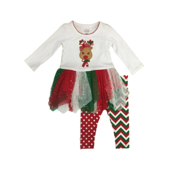 Infant Girls Christmas Reindeer Tutu Dress & Zigzag Polka Dot Legging Outfit 18m