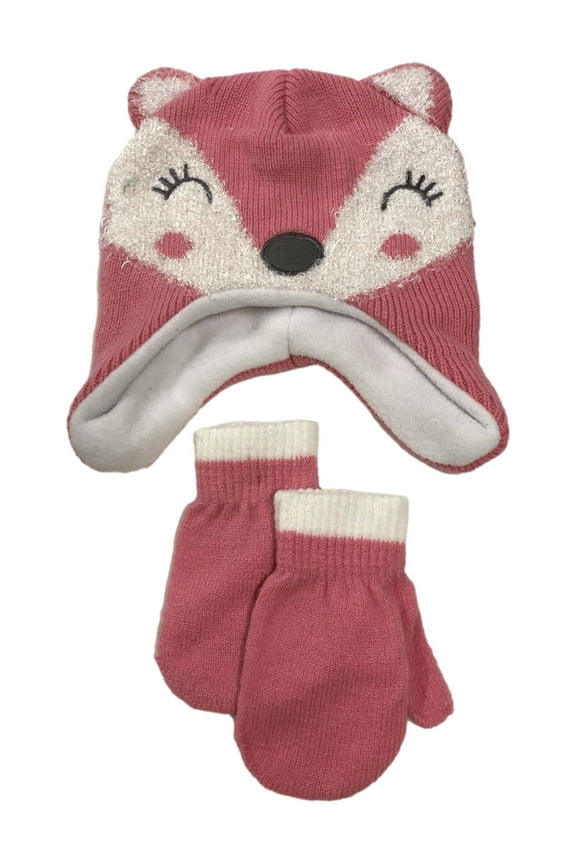 Infant Girls Cozy Pink Fox Trapper Hat & Mittens Set 2T-4T