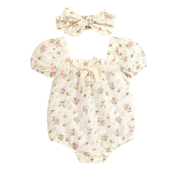 Girls Cute Sweet Flower Print Puffy Short Sleeve Rompers Bodysuits With Headband 2 Piece Set Birthday Gift Outfits