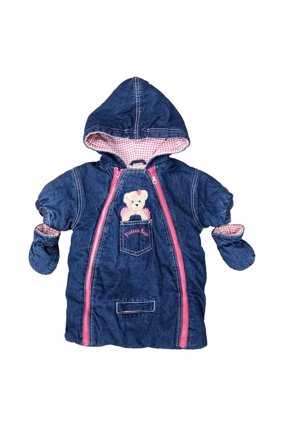 Infant Girls Denim Blue Blossom Bear Hoodie Baby Pram Snow Suit 0-3 Months