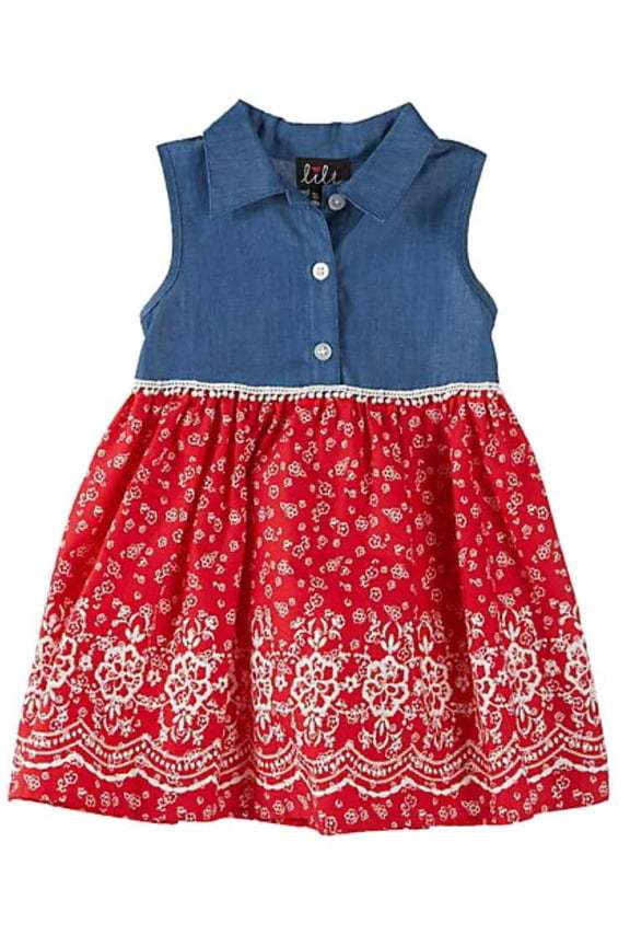 Infant Girls Denim & Red Floral Print Baby Dress Sundress 6-9 Months
