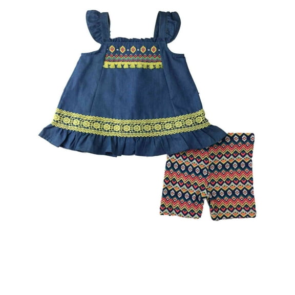 Infant Girls Denim Tribal Print Outfit 2 Piece Floral Trimmed Tank Top Outfit