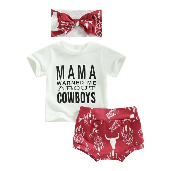 Infant Girls Fashion Outfits Summer Letter Print Short Sleeve T-shirt and Cow Head Print Shorts Headband Set