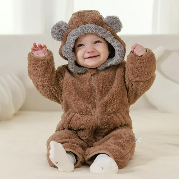 Infant Girls Fleece Lined Onesie - Warm Windproof Bear Hooded Jumpsuit Girls Boys Winter Snowsuit Baby Girls Clothes 0-3 Months