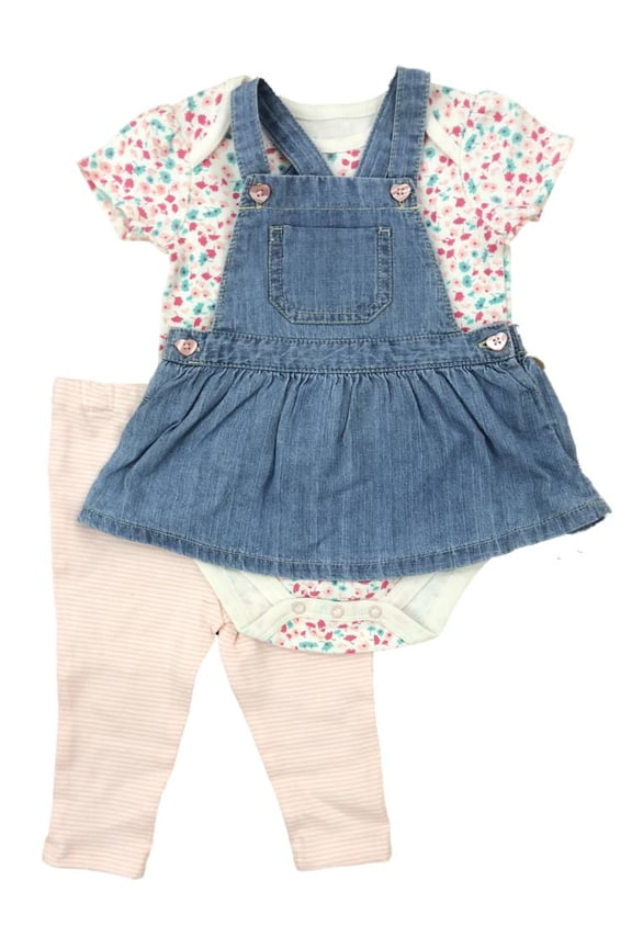 Infant Girls Floral Bodysuit Denim Dress & Striped Leggings 6-9m