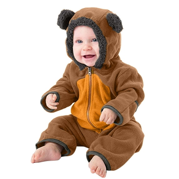 Girls Fluffy Jumpsuit - Cute Long Sleeve Bear Hooded Jumpsuit Romper Winter Clothes Christmas Baby Clothes 3-6 Months