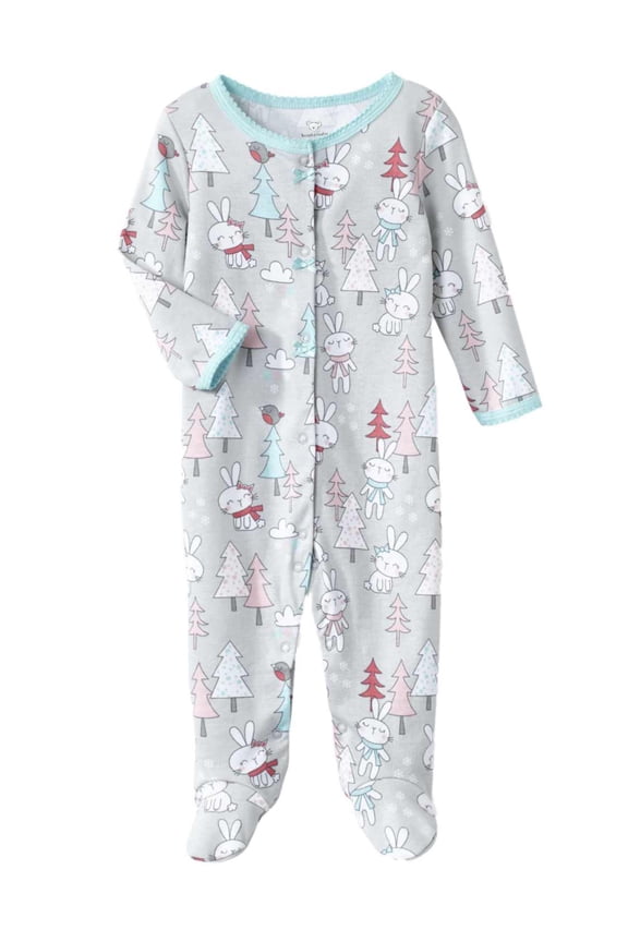 Infant Girls Gray Cotton Bunny Rabbit Pajama Sleeper Christmas Sleep & Play 3-6m