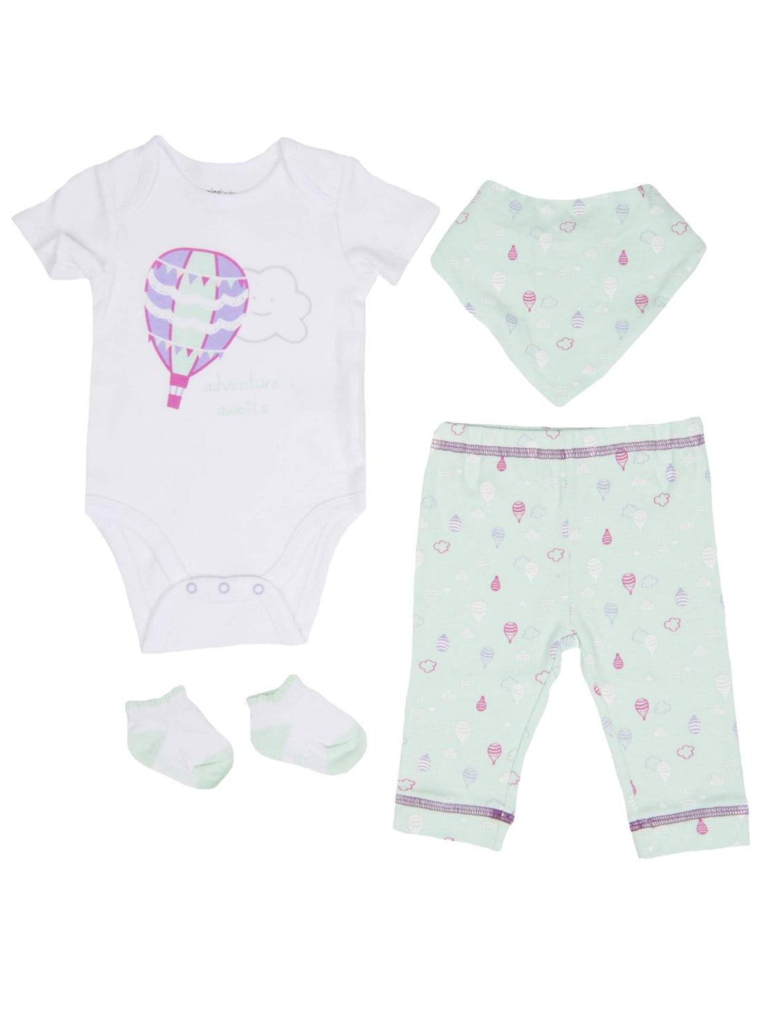 Infant Girls Hot Air Balloon Baby Outfit 4pc Clouds Bodysuits Pants Bibs Socks