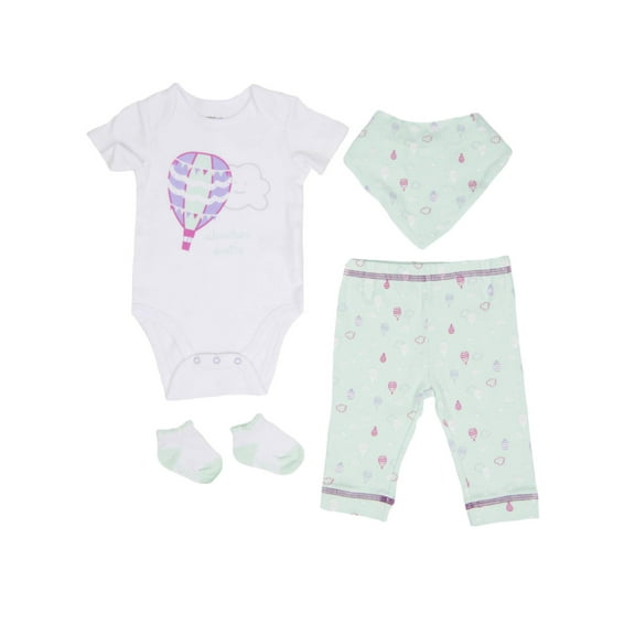 Infant Girls Hot Air Balloon Baby Outfit 4pc Clouds Bodysuits Pants Bibs & Socks