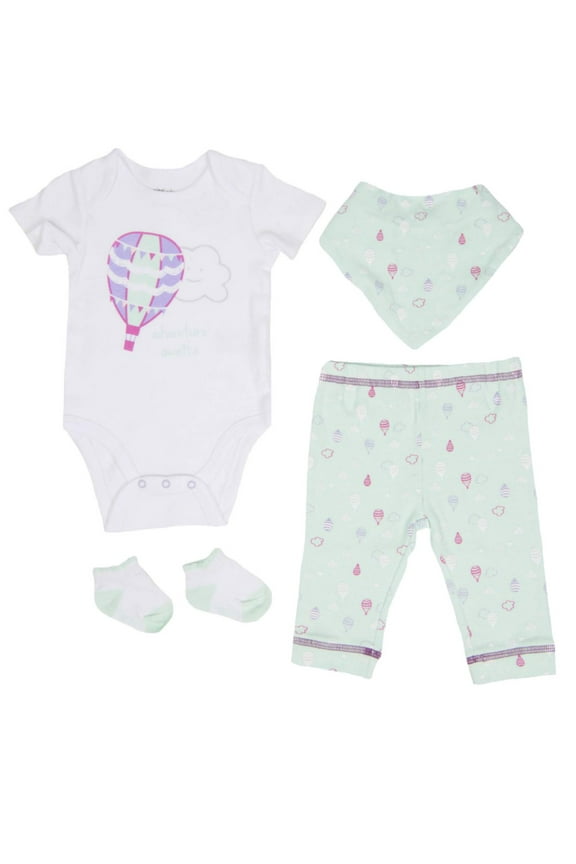 Infant Girls Hot Air Balloon Baby Outfit 4pc Clouds Bodysuits Pants Bibs & Socks