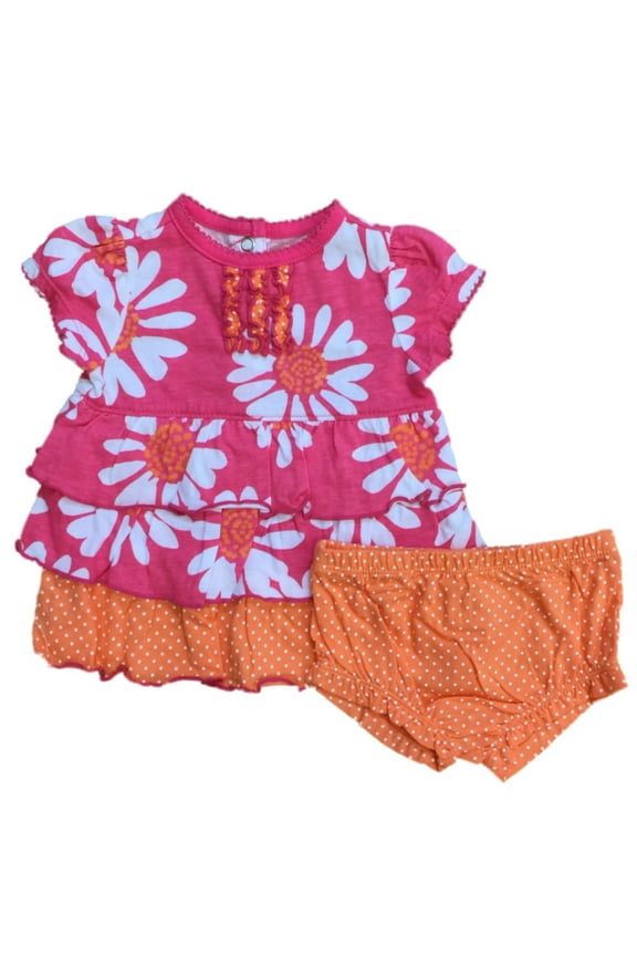 Infant Girls Hot Pink & Orange Floral Daisy Dress & Diaper Cover 2 PC Outfit
