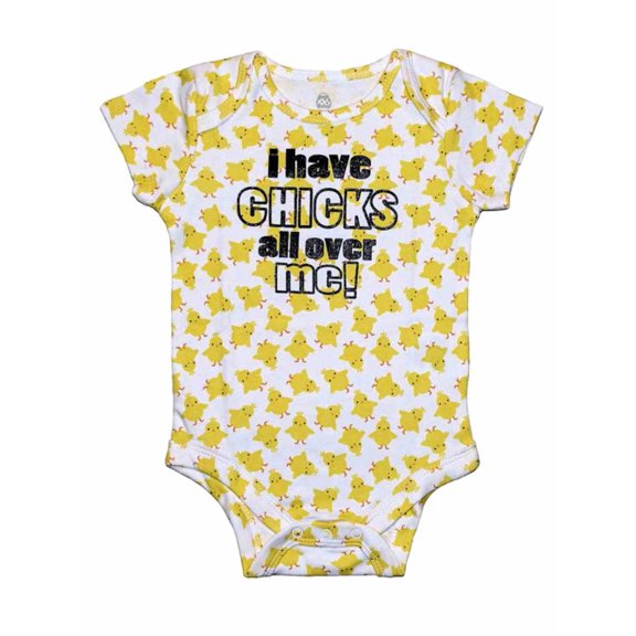 Infant Girls I Have Chicks All Over Me Yellow White Creeper Easter Bodysuit NB