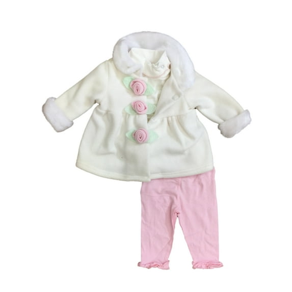 Infant Girls Ivory Fleece Jacket Bodysuit & Pink Leggings 3 pc Baby Outfit 18m