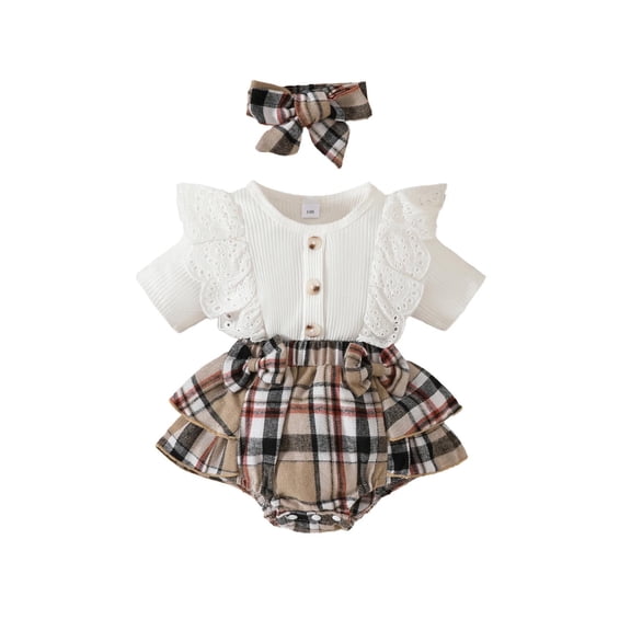Infant Girls Lace Short Sleeve Plaid Ribbed Romper Newborn Bodysuits Headbands Set