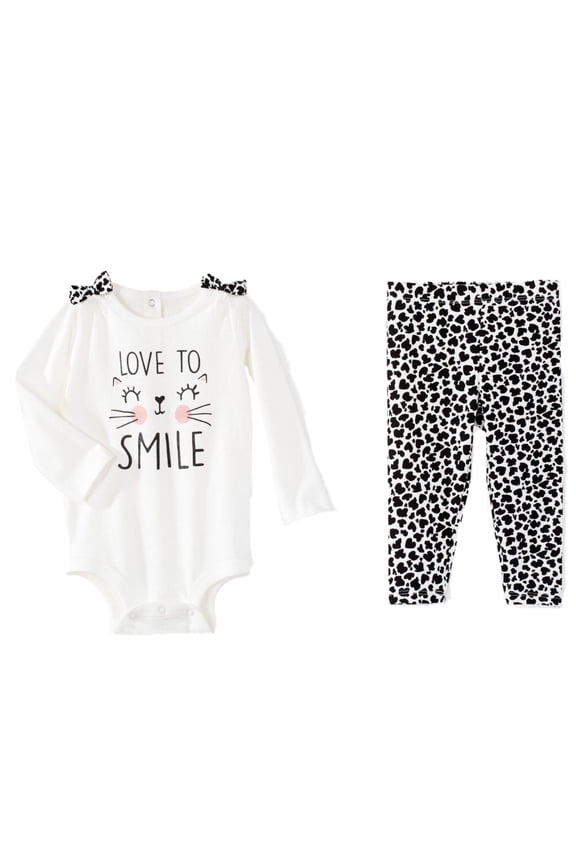 Infant Girls Leopard Print Love To Smile Baby Outfit Cat Bodysuit & Leggings Set