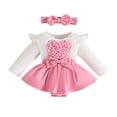 thumbnail image 1 of Girls Long Sleeve Bodysuit Set With Bow Headband Ribbed Knit Heart Fall Winter Romper Jumpsuit, 1 of 6