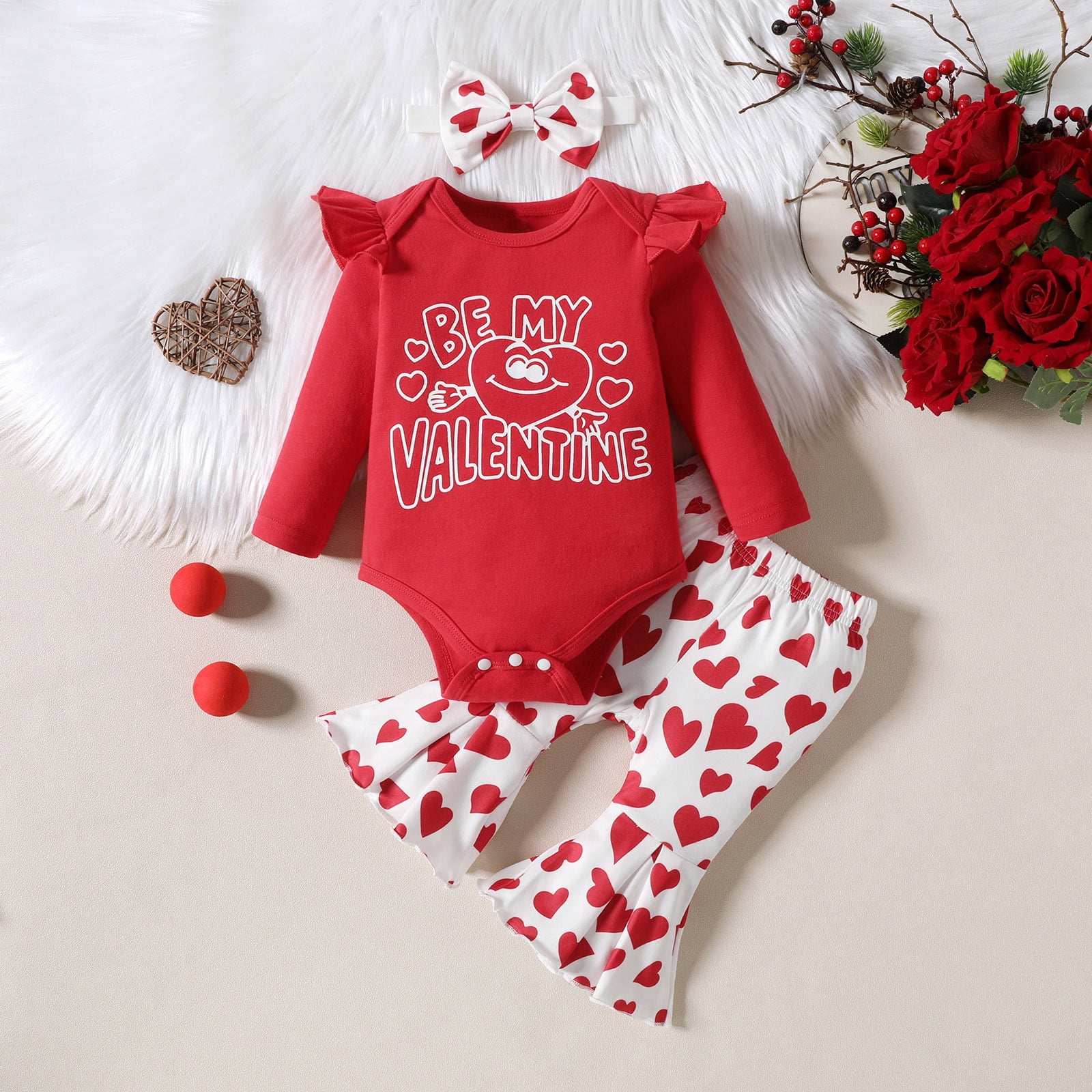 Infant Girls Long Sleeve Valentine's Day Romper Bodysuit Heart Prints