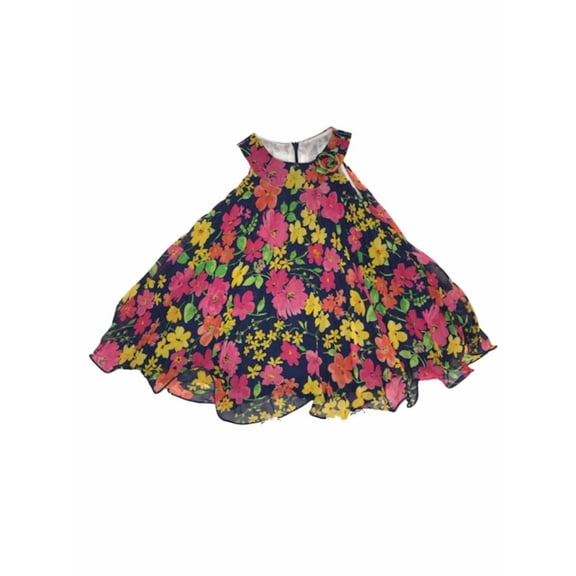 Infant Girls Navy Blue & Pink Daisy Formal Summer Pleated Bell Baby Dress