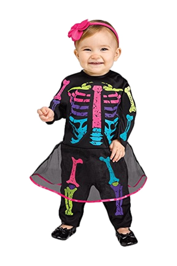 Infant Girls Neon Baby Bones Skeleton Costume Skirted Jumpsuit 12-24 Months