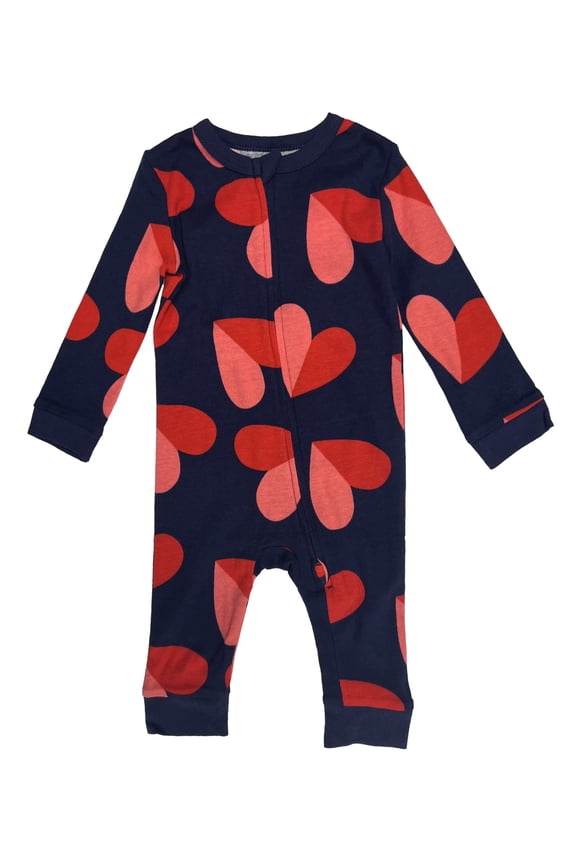 Infant Girls One Piece Navy Red & Pink Heart Valentines Zip Sleeper Pajamas 3-6m